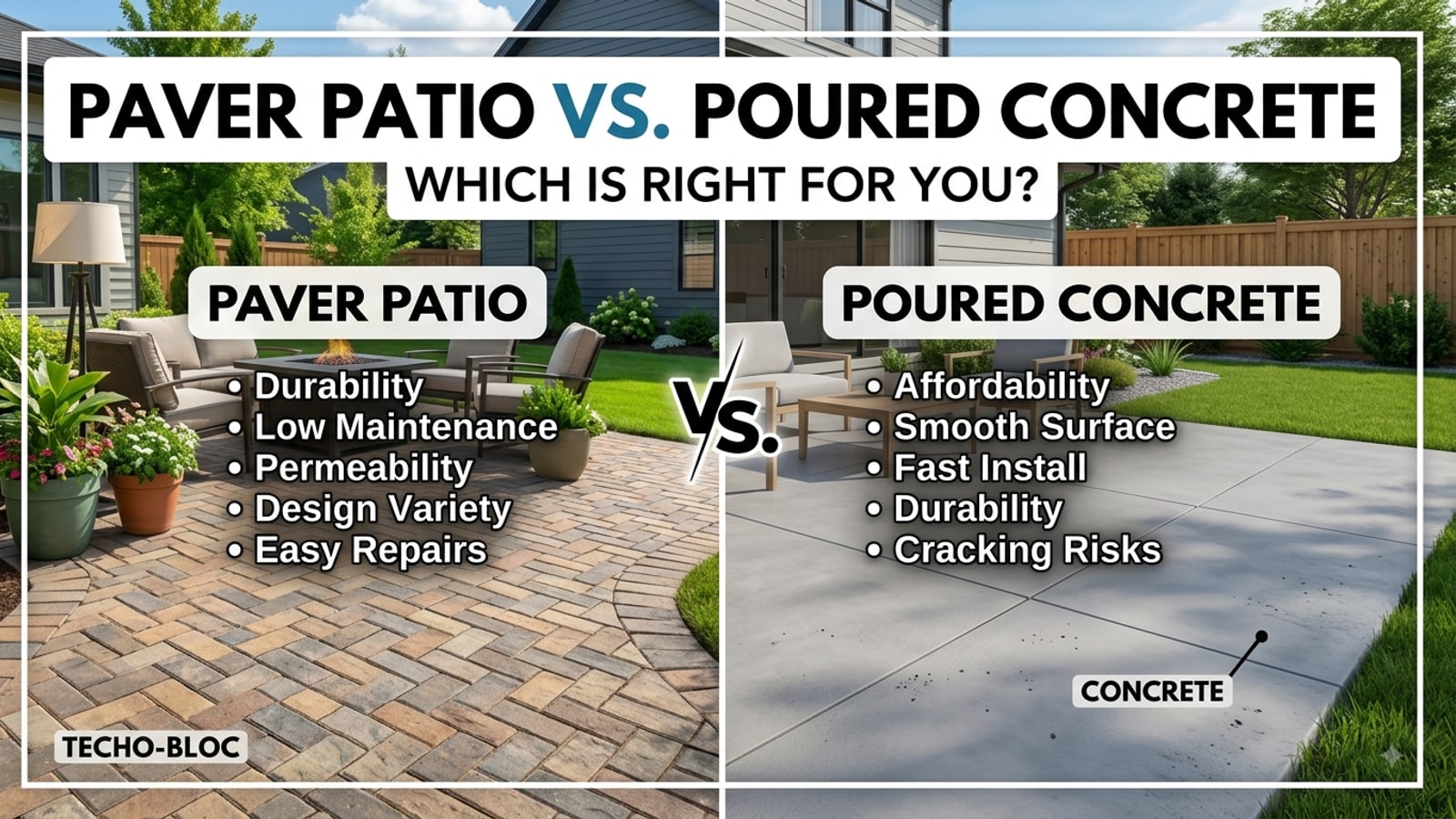 Split comparison image of a paver patio and a poured concrete patio