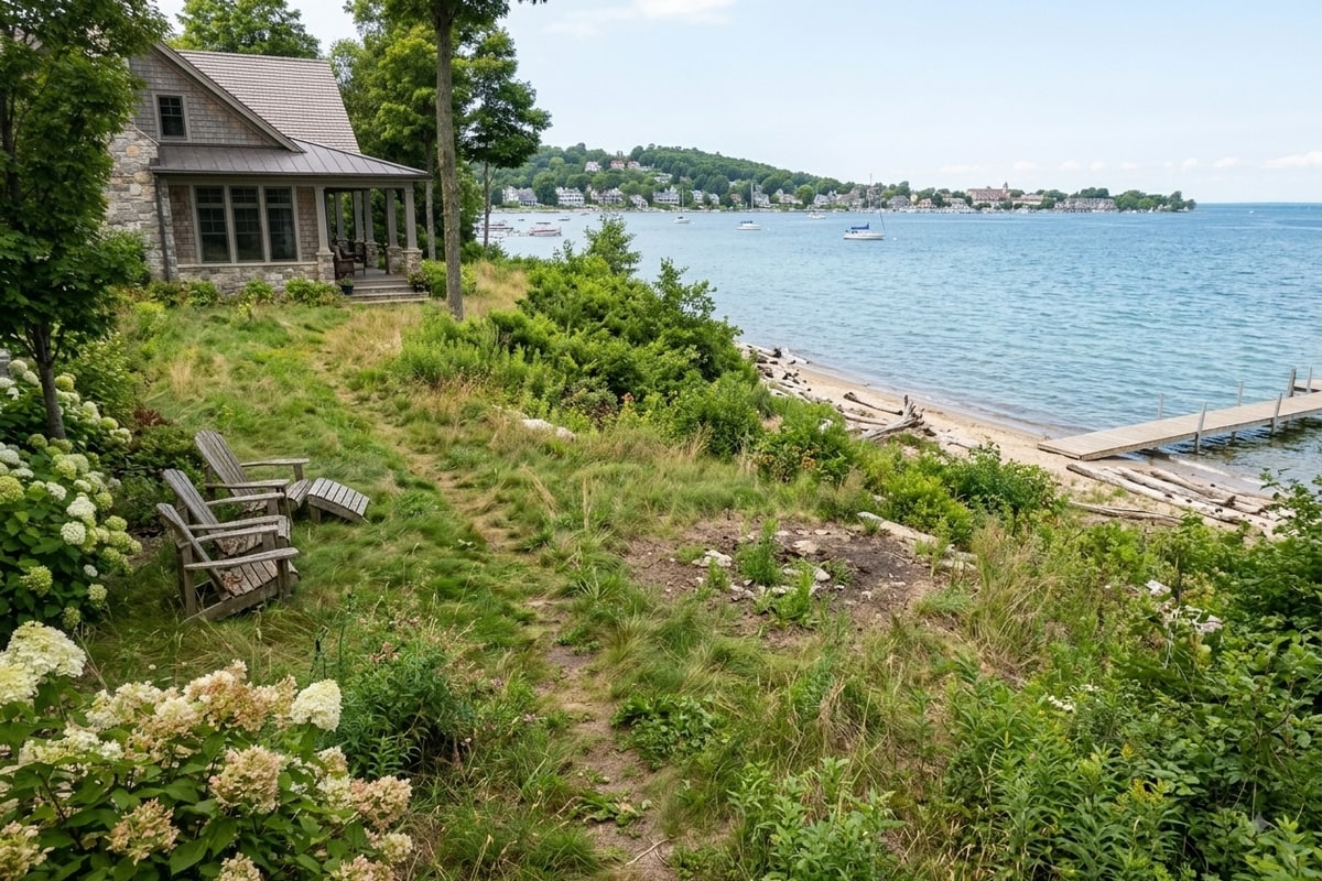 Empty, unused backyard corner before fire pit installation in Petoskey