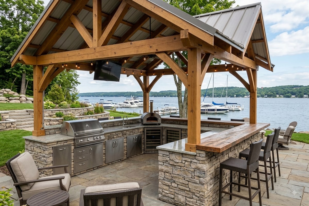 Covered outdoor kitchen and bar area in a Bay Harbor backyard
