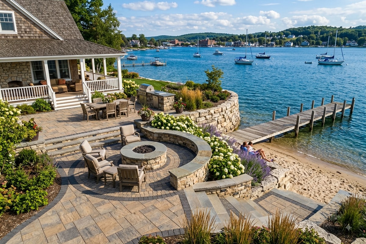 Multi-level paver patio with a built-in fire pit in a Charlevoix backyard
