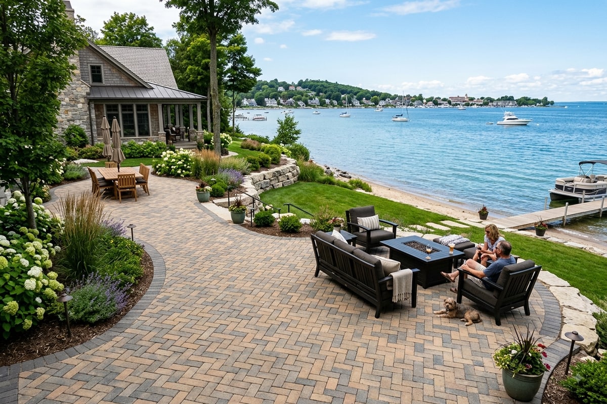 Herringbone-pattern paver patio on a lakefront property in Harbor Springs, MI