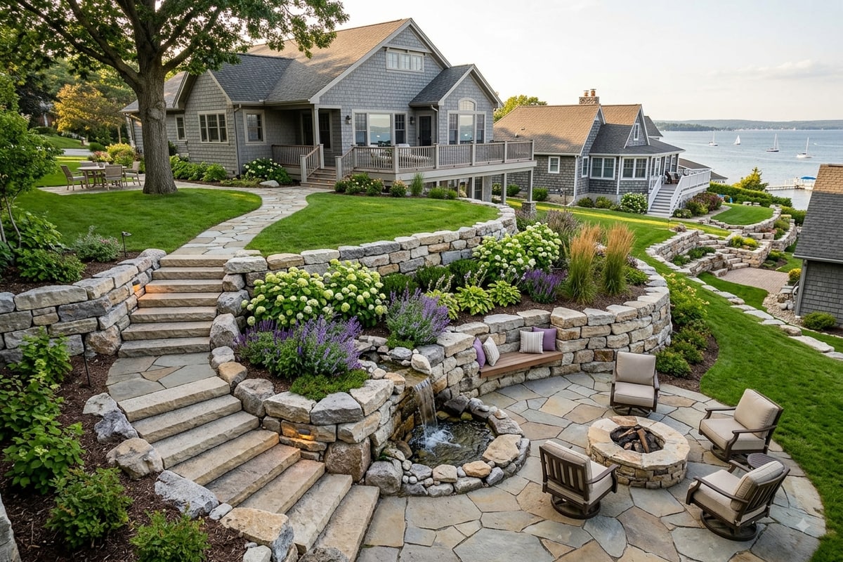 Terraced retaining walls with built-in steps in a Petoskey backyard