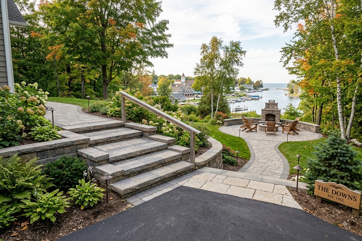 Paver steps connecting a driveway to a backyard patio in Charlevoix, MI